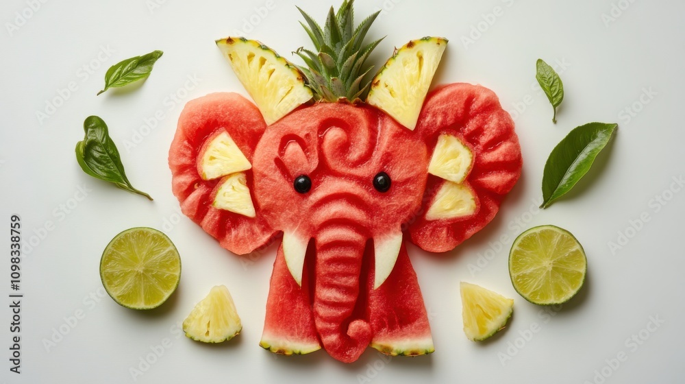 Naklejka premium Creative Fruit Art Elephant Made From Watermelon and Pineapple