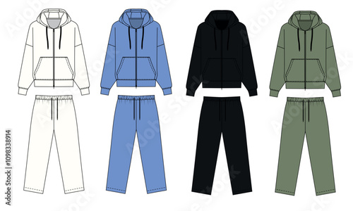 Collection of fashionable tracksuit designs in black, white, blue and green colors, vector. Set of sketches zipper hoodie with pockets and straight wide pants, isolate on white background.