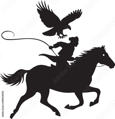 The image is a black silhouette of a horse in motion with a rider. The rider is depicted in a dynamic posture, appearing to urge the horse forward.