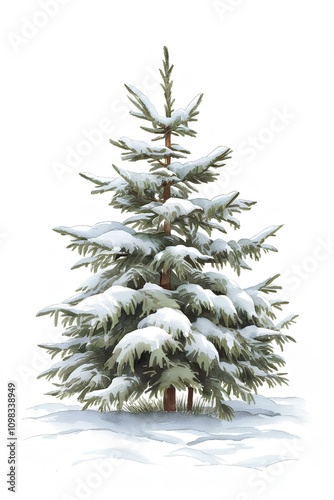 Watercolor drawing of winter fir сhristmas tree covered with snow, on white background.