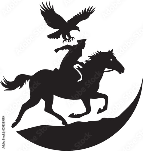 The image is a black silhouette of a horse in motion with a rider. The rider is depicted in a dynamic posture, appearing to urge the horse forward.