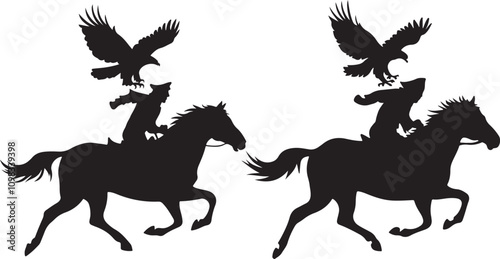 The image is a black silhouette of a horse in motion with a rider. The rider is depicted in a dynamic posture, appearing to urge the horse forward.