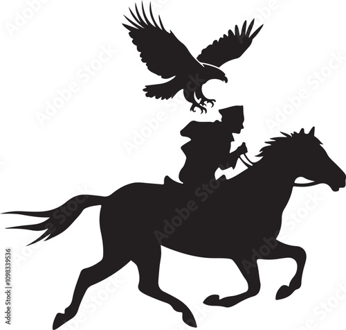 The image is a black silhouette of a horse in motion with a rider. 