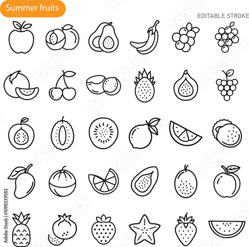 Summer Fruits Editable Line Icons, Vector Graphics, Fresh Produce