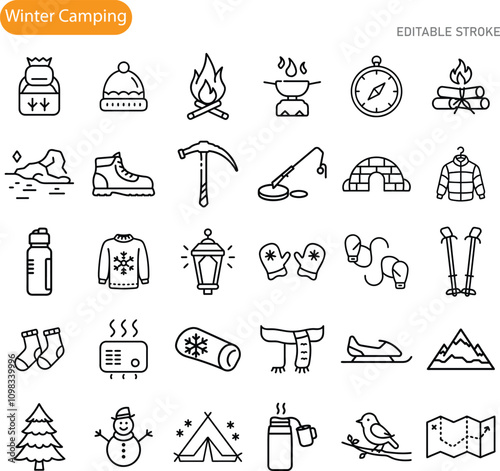 Winter Camping Gear Icons Equipment, Activities, and Essentials