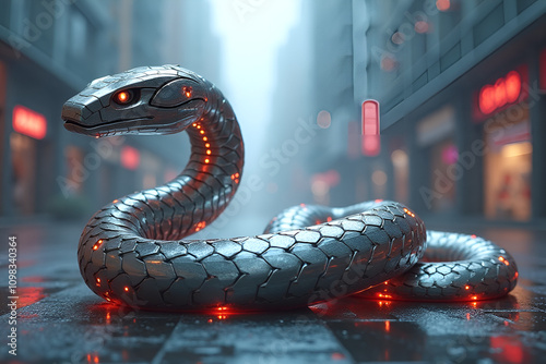 Biomechanical Snake with Threatening Posture on Wet Urban Landscape