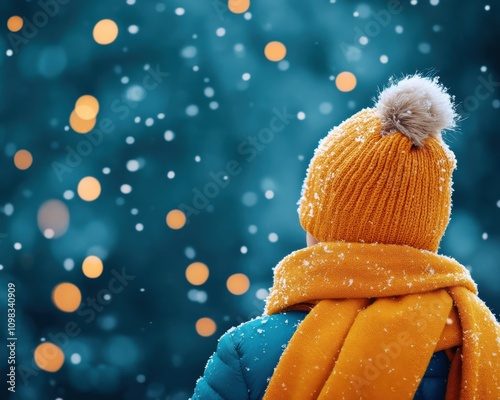 Child enjoying a snowy day, wearing a cozy winter hat and scarf, surrounded by snowflakes. photo