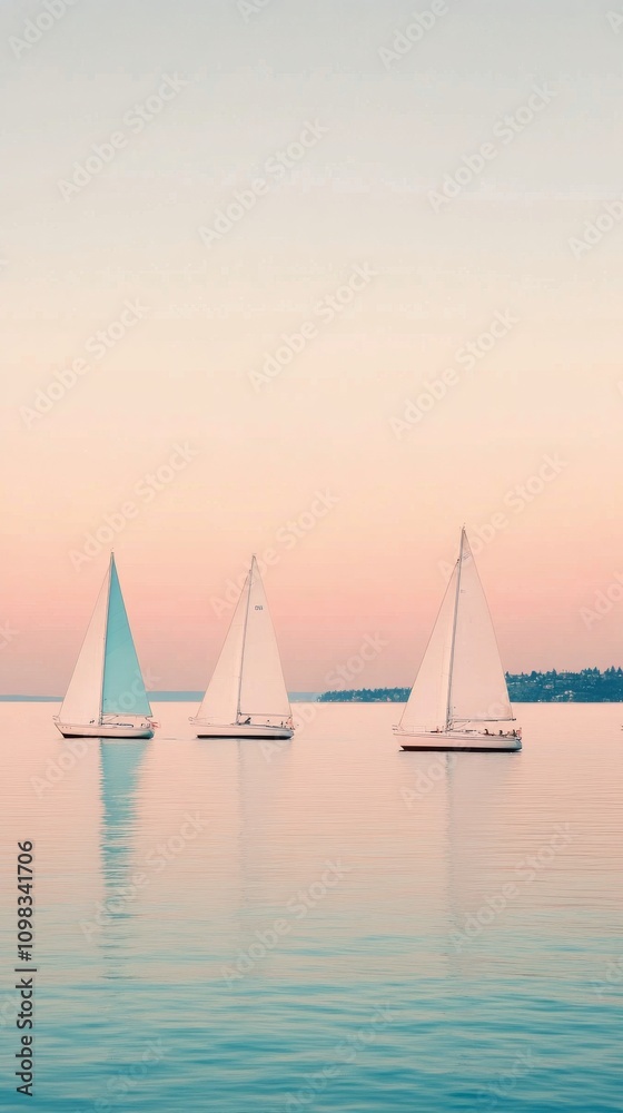 Fototapeta premium Sailing on calm waters with multiple sailboats under a clear blue sky