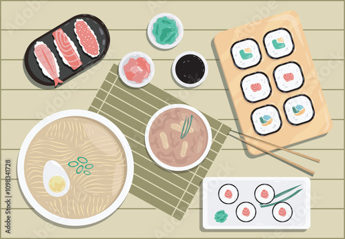 Japanese dinner top view. Bowls with noodles, seafood and sushi and rolls. Dessert and delicacy. Traditional asian cuisine. Salmon and tuna, shrimp. Flat vector illustration