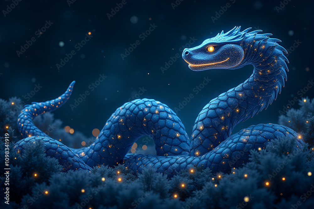 Fototapeta premium Ethereal Blue Dragon with Serene Presence Resting in Enchanted Garden