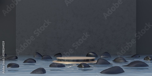 Floating podium decorated with stones, 3D illustration photo