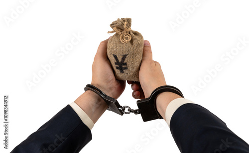 Hands of a man in handcuffs holding a money bag with a Chinese yuan symbol photo