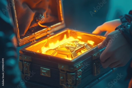 Player opening a legendary loot chest with detailed item icons and inventory UI, captured using standard lens on golden loot glow, with copy space photo