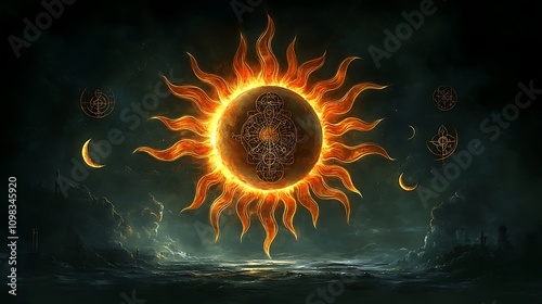 Fiery sun with Celtic knot, moons, and celestial symbols over dark landscape.