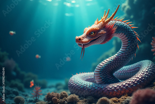 Enigmatic Purple Dragon with Graceful Movement Swimming Through Coral Paradise photo