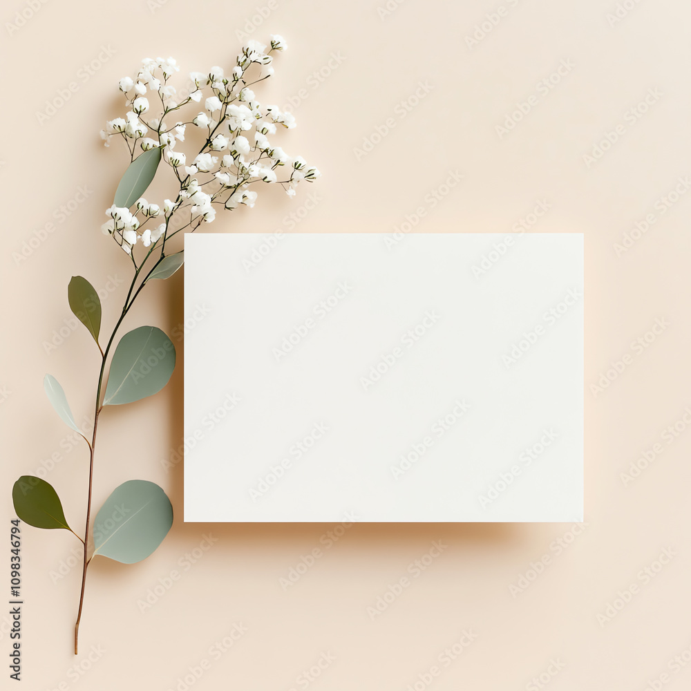 Fototapeta premium Wedding Invitation Mockup with Eucalyptus and Gypsophila on Beige 