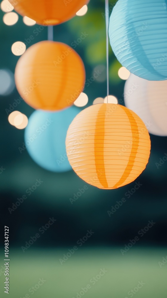 Fototapeta premium Colorful lanterns hang delicately, creating a vibrant atmosphere for celebrations.