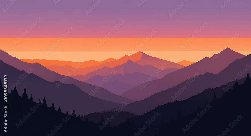 Obraz premium Stylized Mountain Sunset Vector Landscape