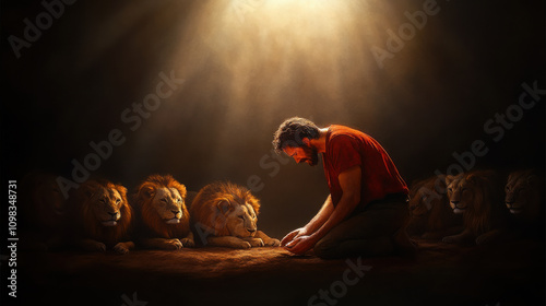 An illustration of the Daniel thrown into the lions den praying to God․