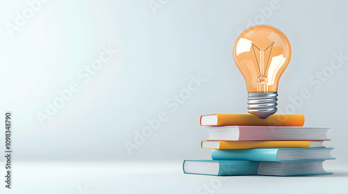 Stack of colorful books forming a light bulb shape on white background photo