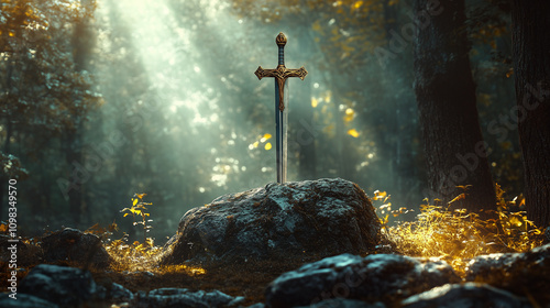 Mystical sword standing tall on a stone in an enchanted forest illuminated by golden rays at dawn.
