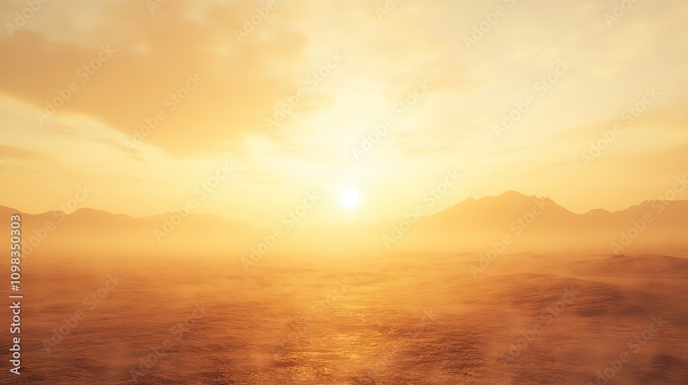 Obraz premium Hazy Desert Landscape at Dusk with Softly Blurred Sand Dunes Under a Golden Sky and Mysterious Mountain Silhouettes in the Distance