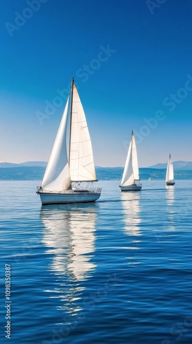 Sailing on calm waters with multiple sailboats under a clear blue sky