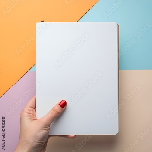 Hand holding a realistic blank book cover design isolated on pastel color  background  photo