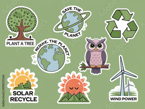 Eco-friendly stickers promoting sustainability and environmental awareness photo