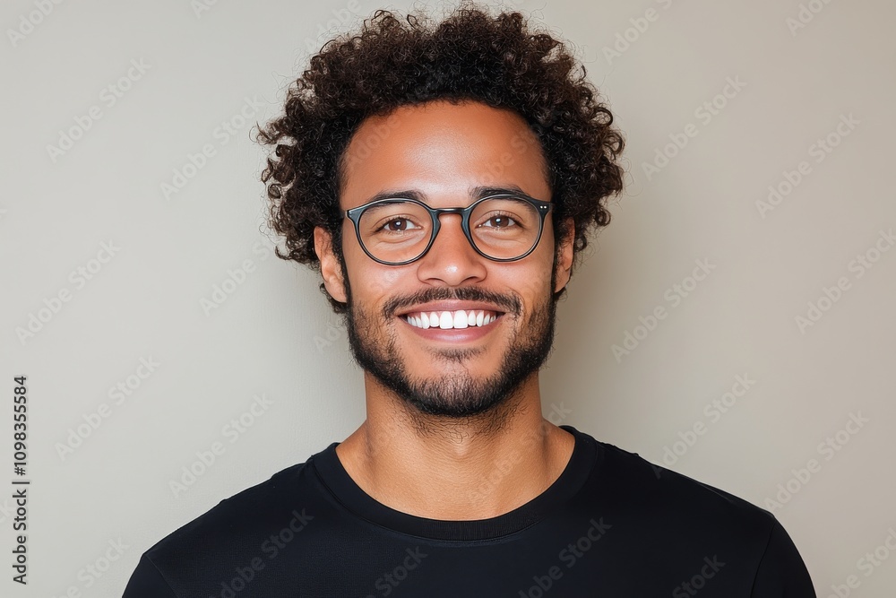Fototapeta premium Young man with curly hair and glasses smiling confidently against neutral background