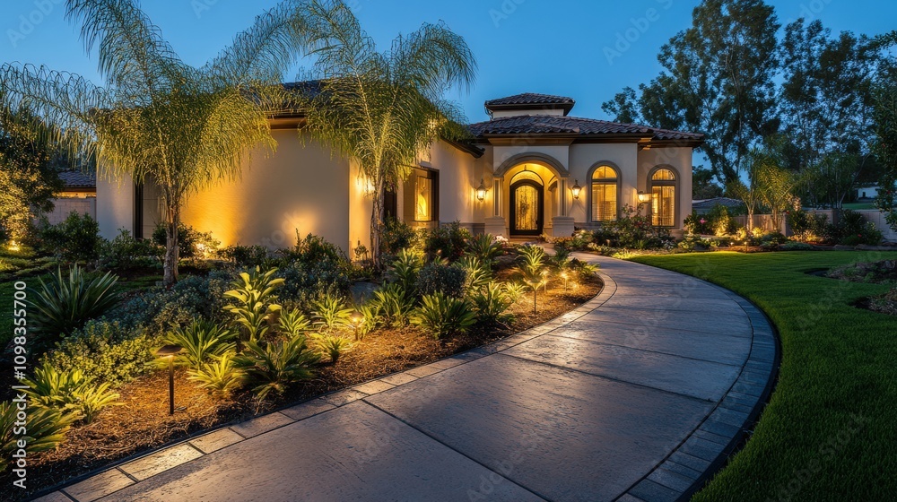 Fototapeta premium Evening View of a Modern Home with Landscaped Yard and Walkway
