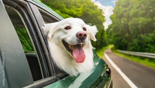 A joyful dog enjoying the breeze with its head out of a car window, capturing the essence of freedom, happiness, and adventure in a fun and lively moment that inspires sheer delight. photo