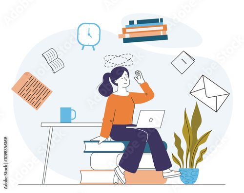 Woman with lot of work. Young girl with laptop sits near clock and stack of documents. Worker with emotional burnout and frustration. Overworked employee. Linear vector illustration