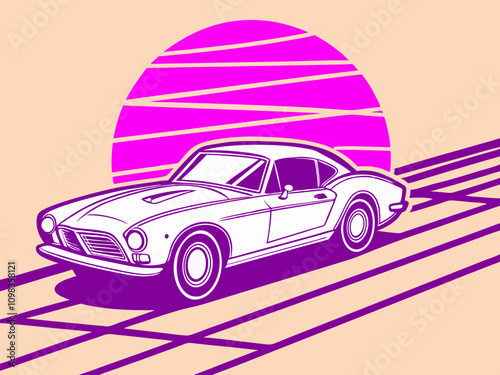 Vintage pink auto vector illustration shows a classic cartoon car design with sporty wheels for speed