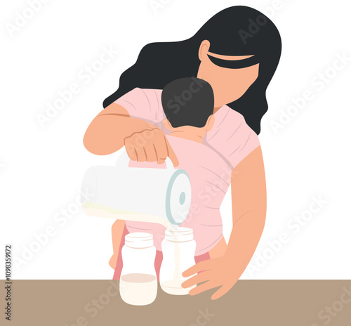 Mother pouring water into bottle for prepare milk for her newborn baby