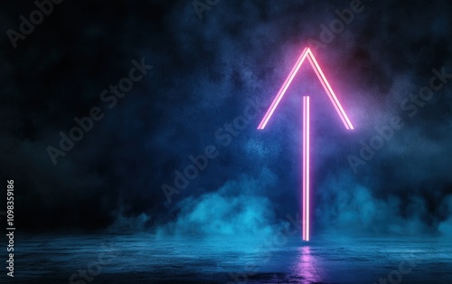 Neon arrow sign glowing against a dark smoky background, perfect for modern design. photo