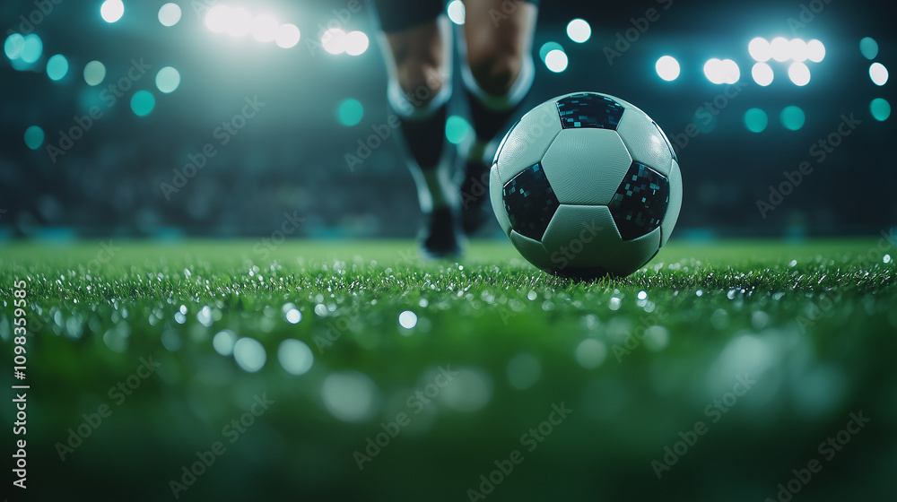 Naklejka premium The focused movement of a soccer player's legs as they chase the ball, the green grass vibrant under the glowing lights of the arena.