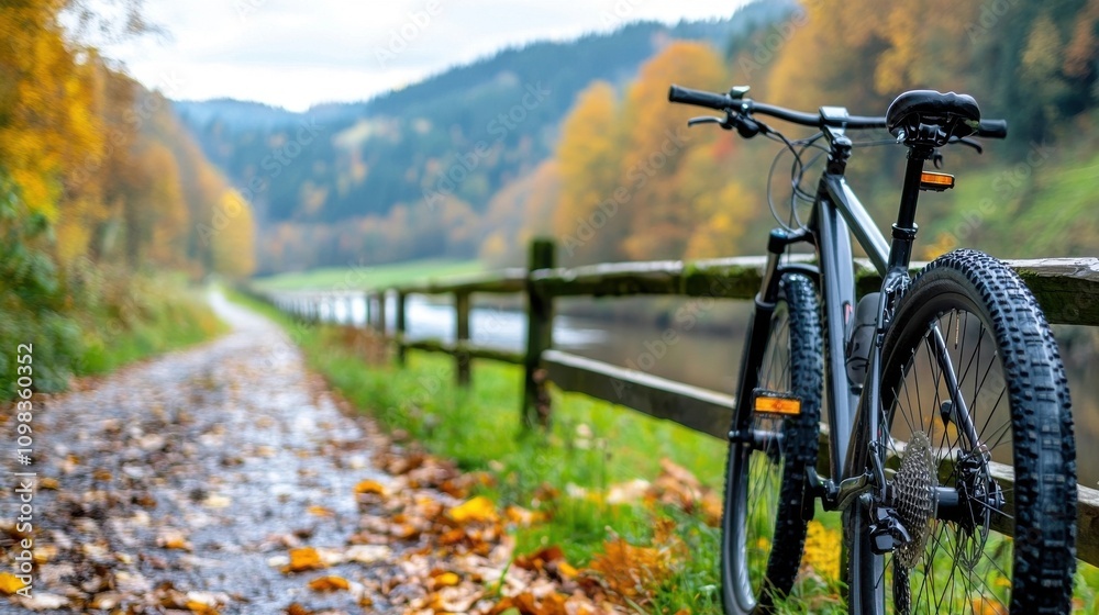 Naklejka premium Scenic Autumn Mountain Bike Trail Through Vibrant Foliage Landscape Cyclist riding on a dirt trail surrounded by colorful fall leaves and lush forest in the mountains