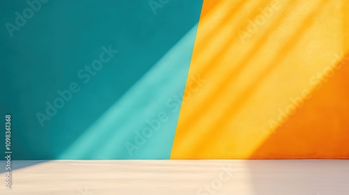 Vibrant abstract wall design featuring teal and orange hues with dynamic shadows. photo