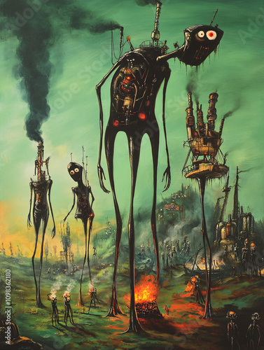 Surreal Illustrations of Towering Mechanical Creatures in Smoky Green Skies and Desolate Landscapes, Combining Sci-Fi and Post-Apocalyptic Aesthetics photo