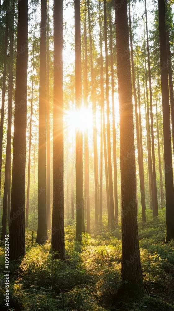 Obraz premium Sunlight filtering through dense trees in a lush green forest during midday