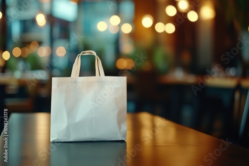 White paper takeout bag with slight grease stain effect, captured using standard lens on warm restaurant lighting, with copy space photo