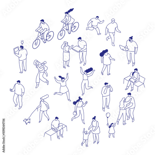 Line art isometric people set isolated on white background