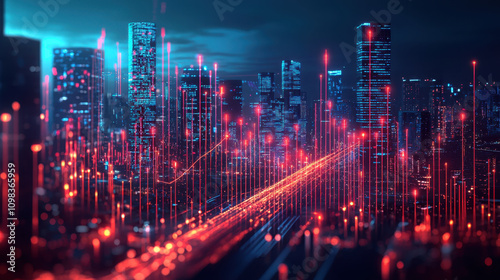 Wallpaper Mural Futuristic city skyline with glowing data streams and vibrant lights, showcasing technology and urban life. scene evokes sense of innovation and connectivity Torontodigital.ca