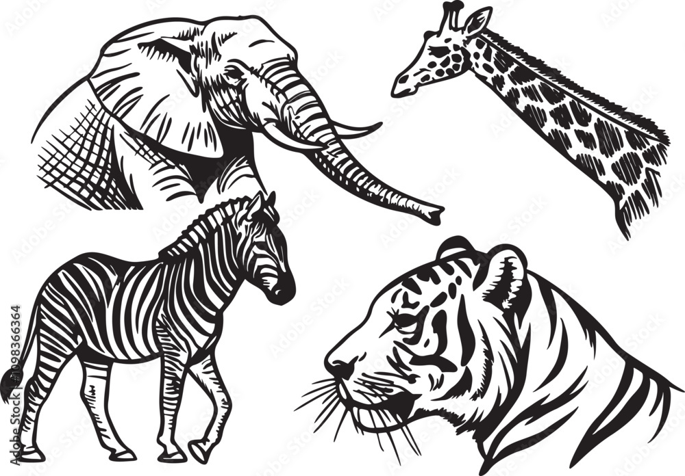 Obraz premium A collection of hand-drawn wildlife animals,