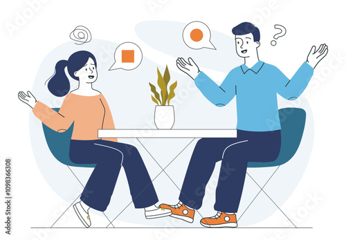 Couple with misunderstanding. Man and woman communicate with each other. Conflict and quarrel in workplace. People have language barrier. Linear vector illustration