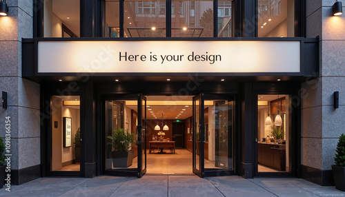 Street banner mockup PSD on hotel entrance at dusk
