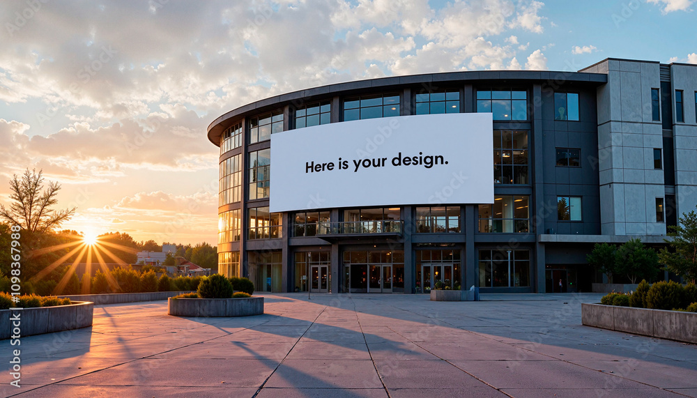 Naklejka premium Street banner mockup PSD on curved building at sunset 