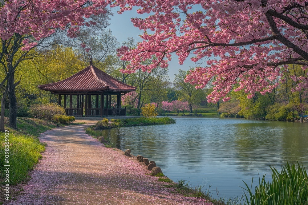 Fototapeta premium Cherry blossoms falling on path by lake with gazebo in spring