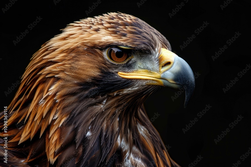 Fototapeta premium Golden eagle showing its plumage and powerful beak on dark background